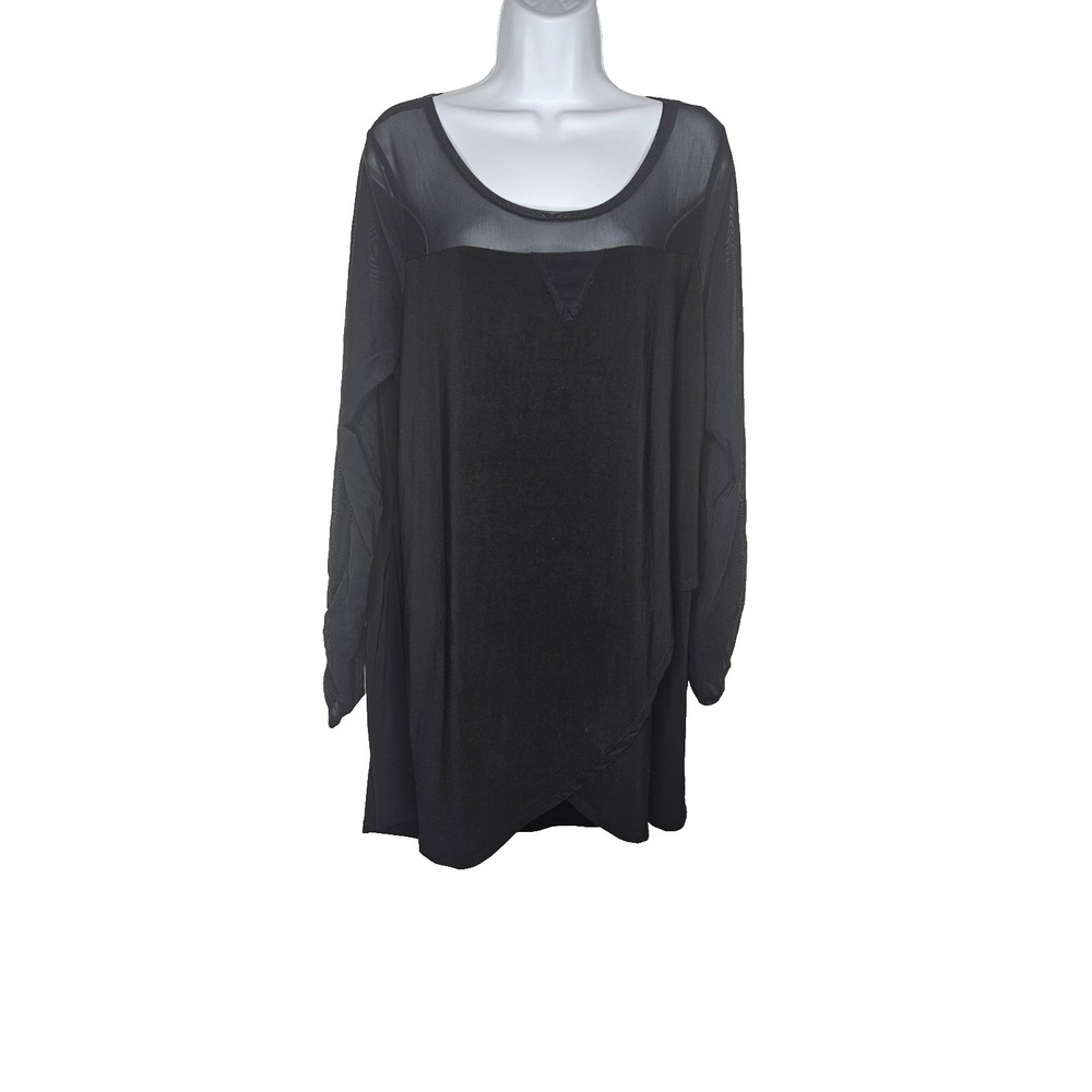 Womens Black Sheer Mesh Overlay Tunic Top Long Sleeve Flowy Casual Large